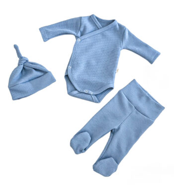 Komplet za novorođenče waffle – trodijelni – polo blue