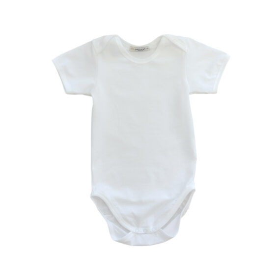 Bijeli pamučni bodi kratkih rukava za bebe i djecu.